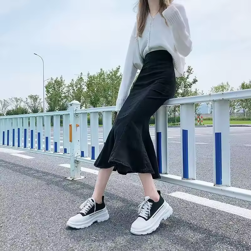 Casual Ruffles Denim High Waist Empire Midi Stretch Skirt - Image 4