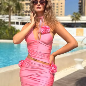 Casual Sheath Pullover Halter 3D Flowers Ruched Mini Dress