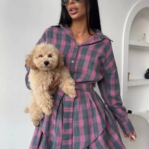 Casual Shirt With High Waist Mini Skirt Loose Plaid 2 Piece Sets