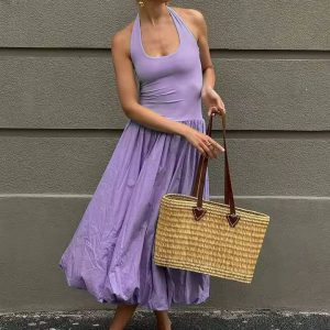Casual Sleeveless High Waist Halter Neck Pleated Mid-Calf Dress