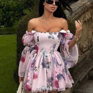 Casual Square Collar Loose High Waist Pleated Print Mini Dress