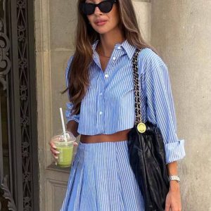 Casual Striped Print Button Crop Tops And High Waist Pleated Skirts 2 Pieces Sets