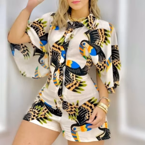Casual Turn Down Collar Half Sleeve Buttoned Rompers