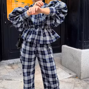 Casual V-Neck Plaid Button Loose Pleated Pants And Top 2 Piece Sets