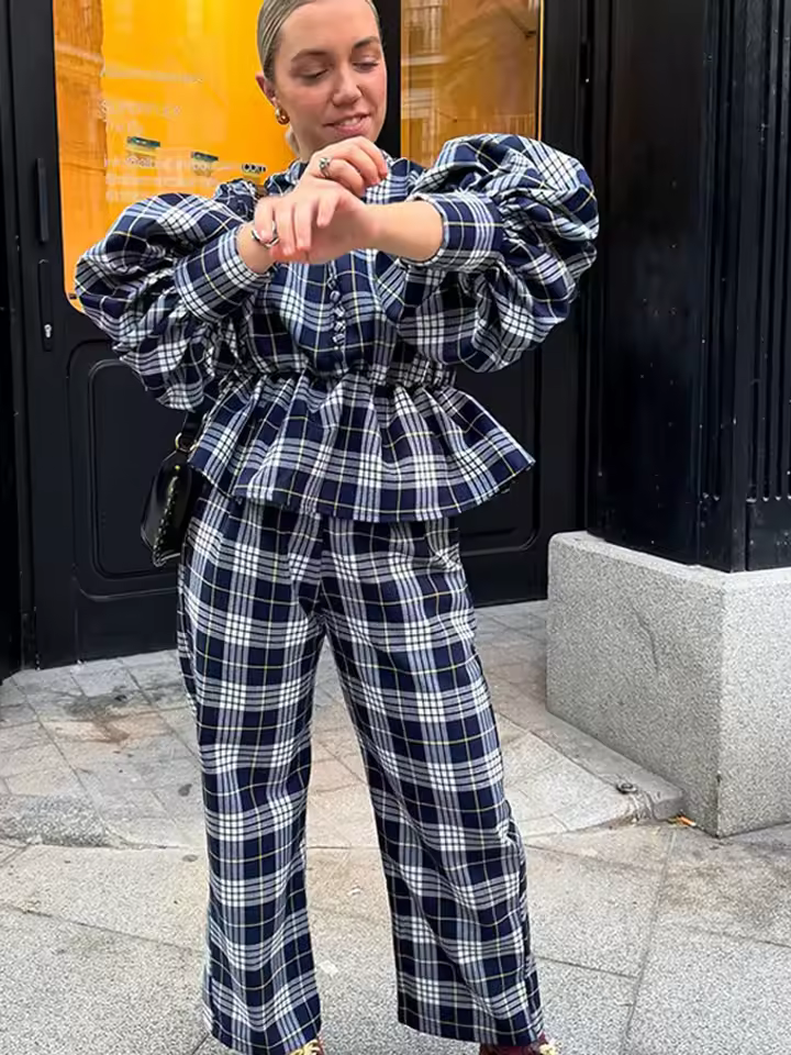 Casual V-Neck Plaid Button Loose Pleated Pants And Top 2 Piece Sets