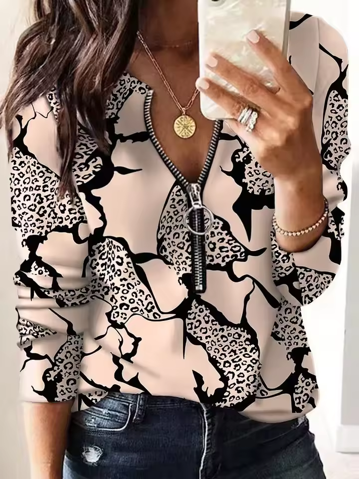 Casual V-Neck Zipper Print Long Sleeve Pullover T-shirt