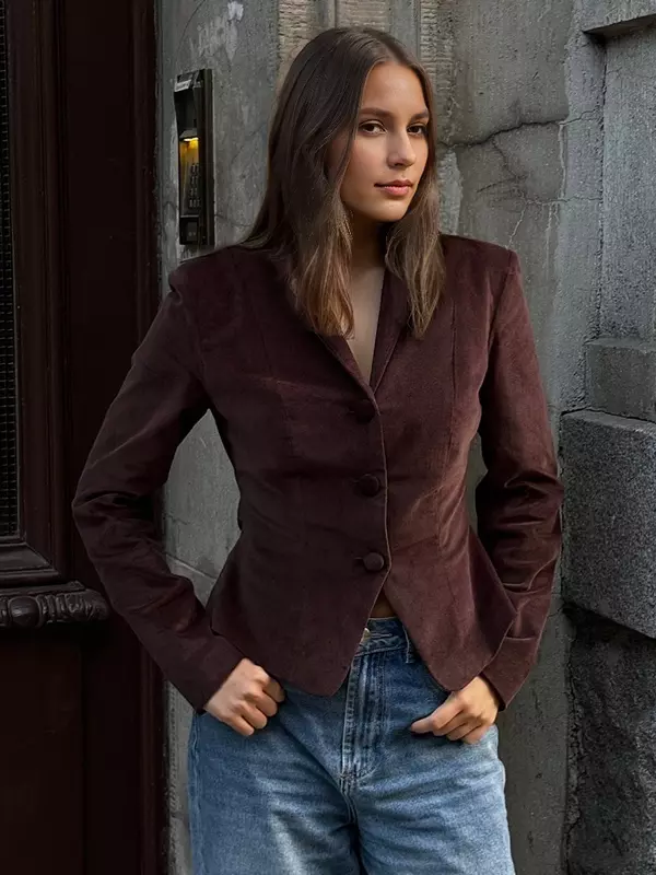 Casual Stand Collar Long Sleeve Fitted Vintage Blazer Jacket - Image 2