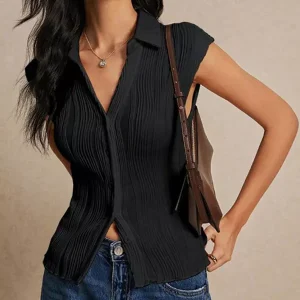 Casual Wave Pattern Shirt V-neck Button-down Blouse Top