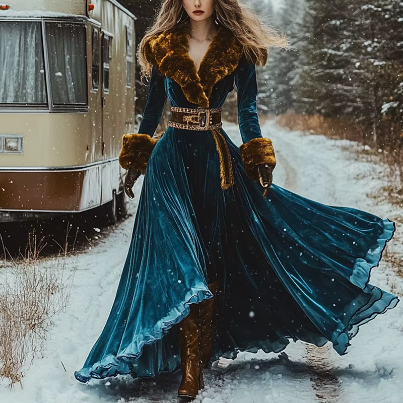 Chic High Waist A-line Bohemian Fur Collar V-Neck Loose Maxi Dress