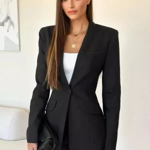 Classic V-neck One Button Slim Fit Blazer Jacket