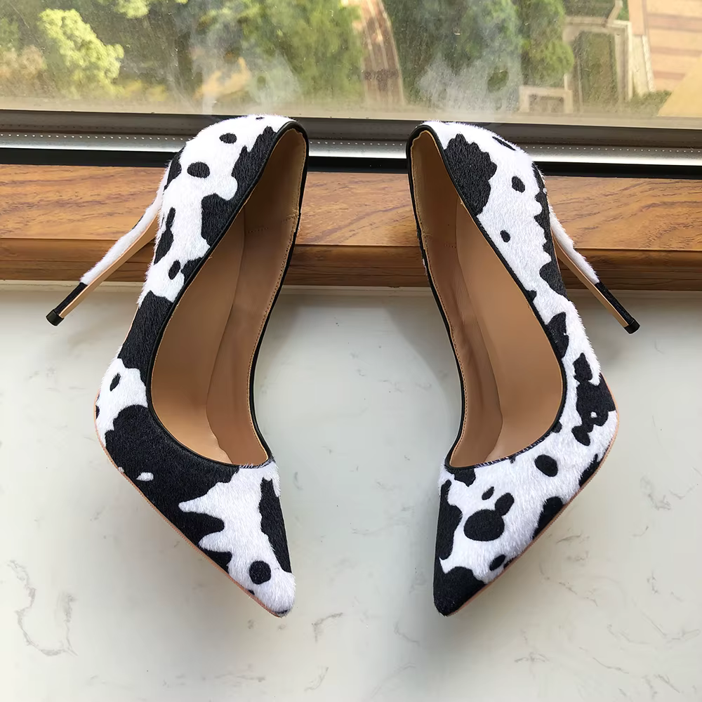 Cow Print Hairy Flock Slip On Stiletto Pointy Toe High Heel Shoes