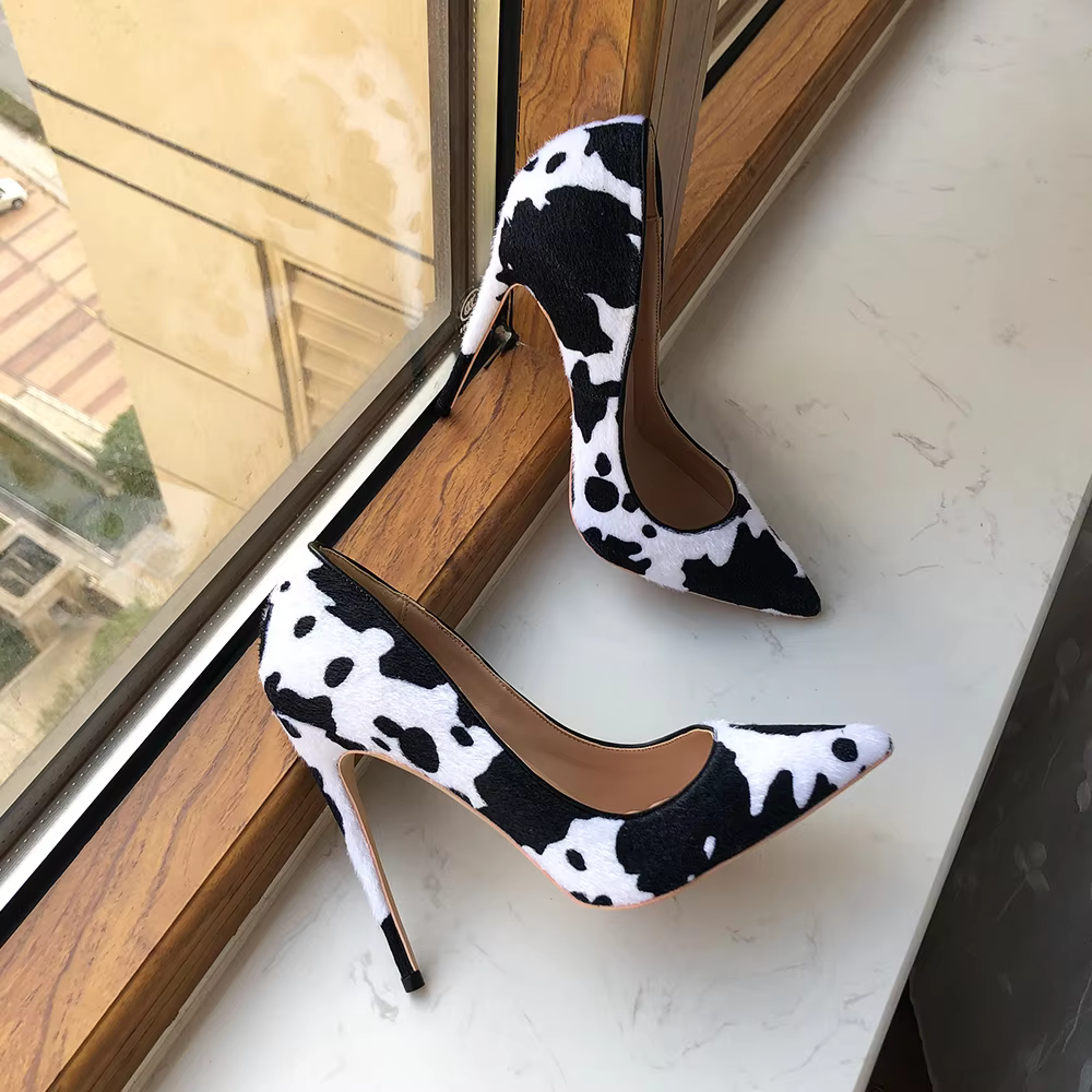 Cow Print Hairy Flock Slip On Stiletto Pointy Toe High Heel Shoes - Image 4