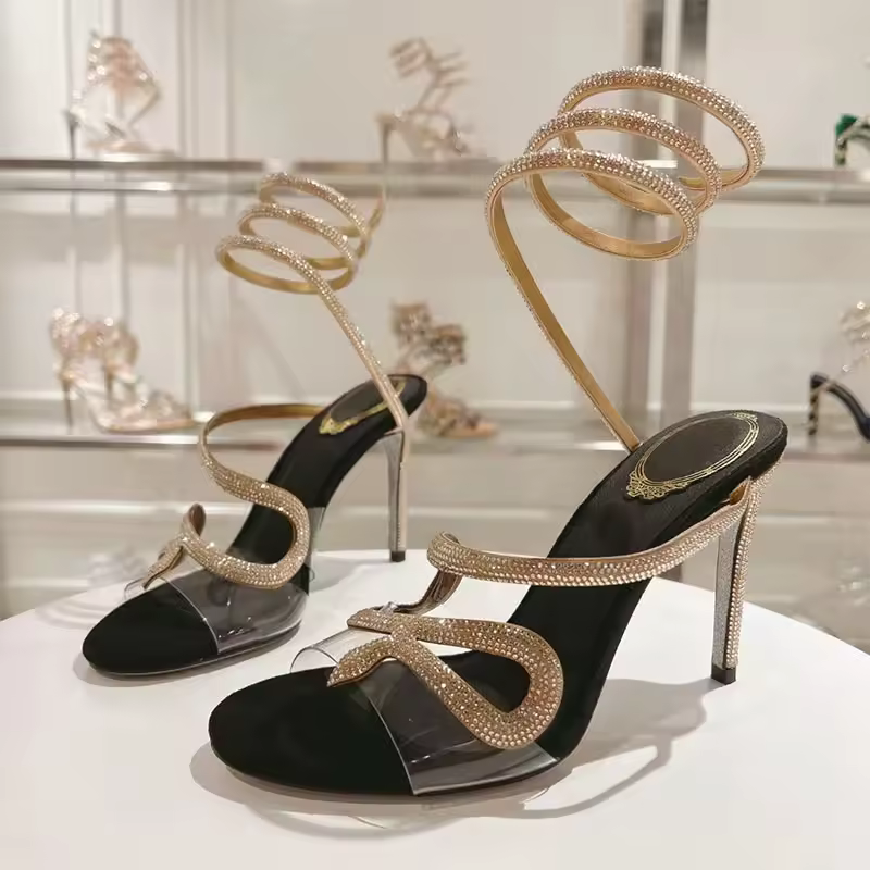 Crystal Snake Twine Around Ankle Strap Party Thin Heels Gladiator Sandals - Image 6
