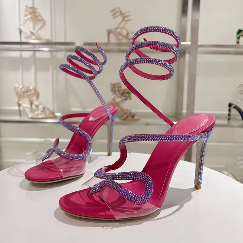 Crystal Snake Twine Around Ankle Strap Party Thin Heels Gladiator Sandals