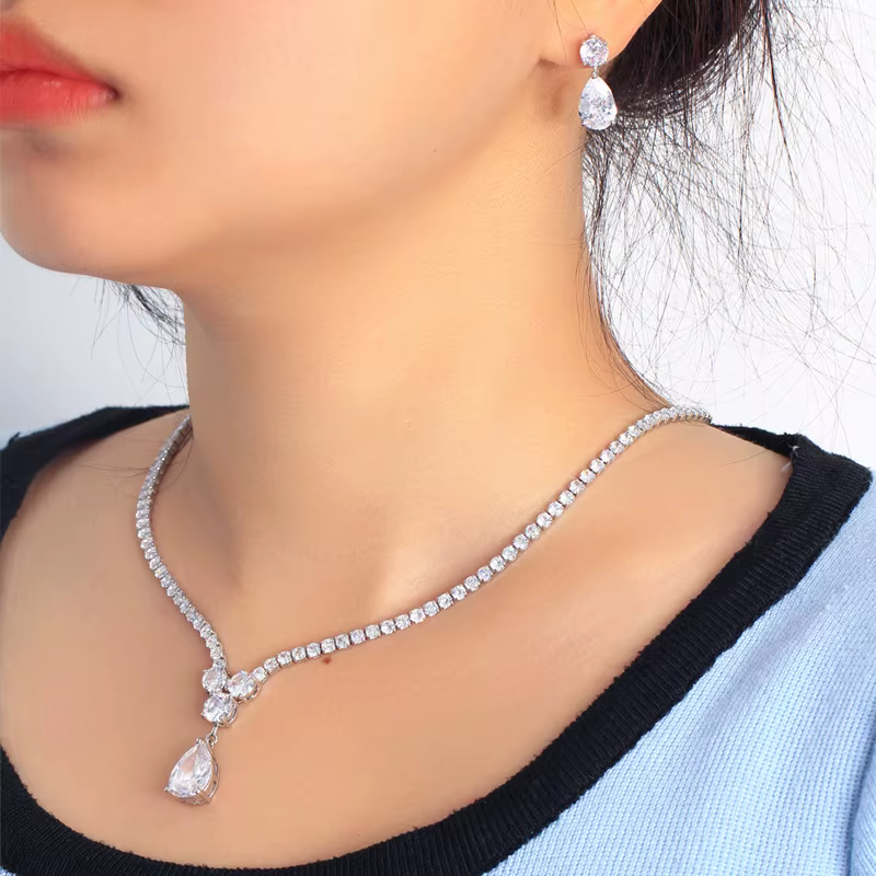 Cubic Zirconia Water Drop Pendant Necklace and Earrings Bridal Wedding Jewelry Sets