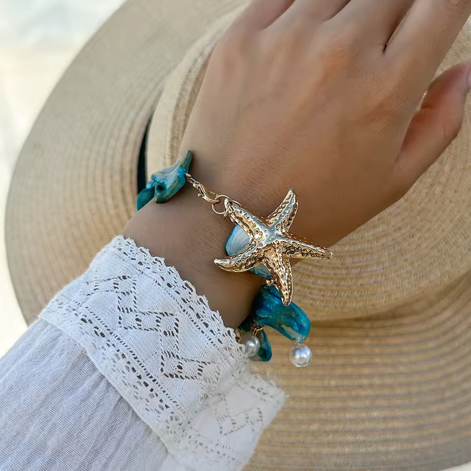 Cute Starfish White Shell Conch Woven beach Jewelry Bracelet