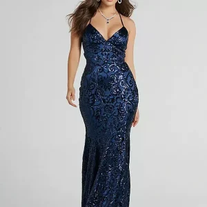 Deep V-neck Spaghetti Straps Lace-Up Mermaid Sequin Long Dress