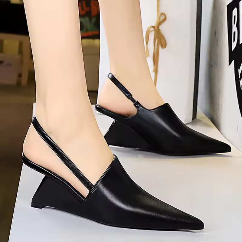 Designer Wedge Heels Shoes Hollow Back Strap Pointed Tip Pumps Sandals