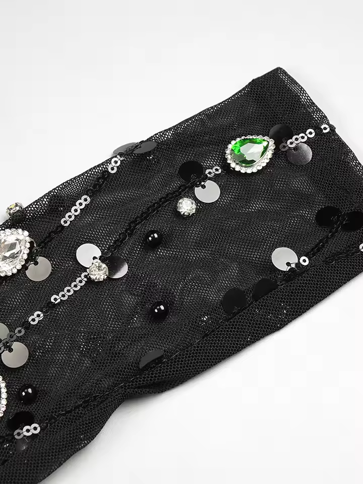 Diamonds Patchwork Feathers High Neck Rhinestones Long Sleeves Mini Dress - Image 2