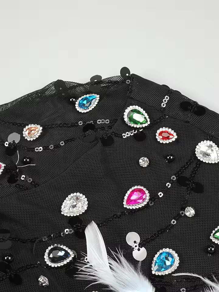 Diamonds Patchwork Feathers High Neck Rhinestones Long Sleeves Mini Dress - Image 3