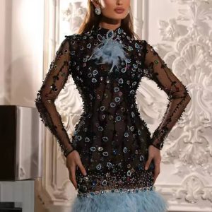 Diamonds Patchwork Feathers High Neck Rhinestones Long Sleeves Mini Dress