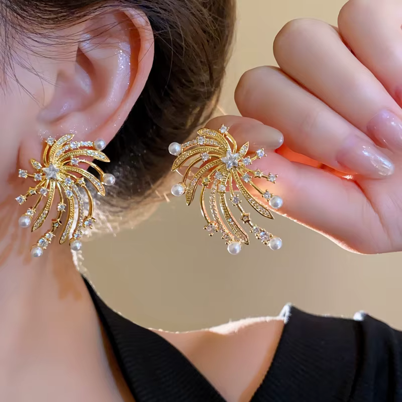Elegant 14K Gold Plated Exaggerated Zircon Fireworks Geometric Party Earrings