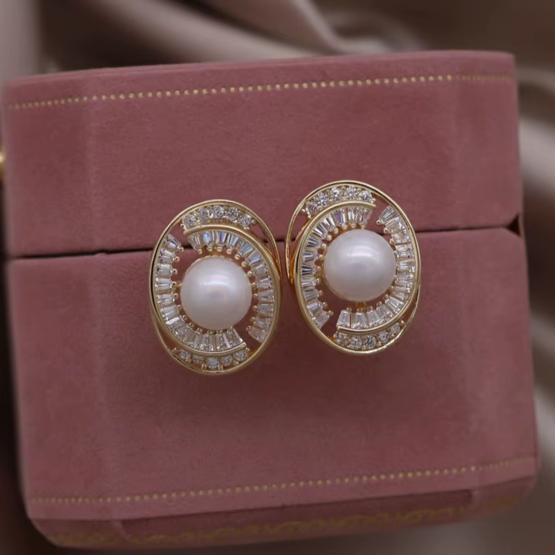 Elegant 14K Gold Plated Luxury Zircon Pearl Oval Earrings
