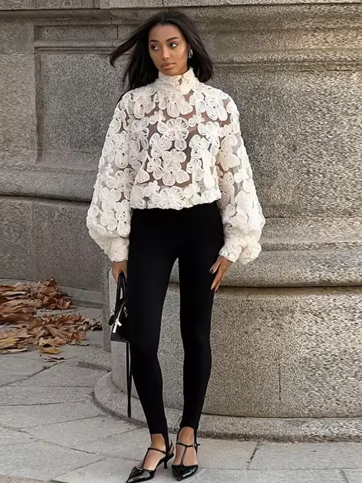 Elegant 3D Flower Lantern Long Sleeve Patchwork Mesh Shirts - Image 3