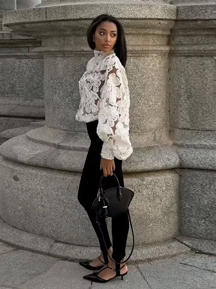 Elegant 3D Flower Lantern Long Sleeve Patchwork Mesh Shirts - Image 2