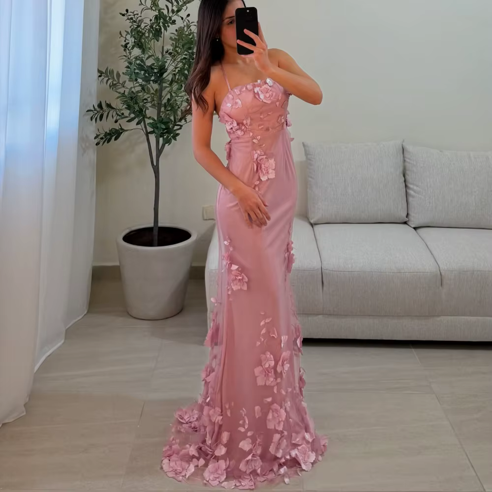 Elegant 3D Flowers Spaghetti Strap Backless Satin Floor-Length Maxi Dress
