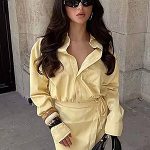 Elegant Button Pockets Shirts And Lace-Up Mini Skirt 2 Pieces Set