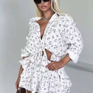 Elegant Button Shirts And Ruffled Skirts Cotton Print 2 Piece Set
