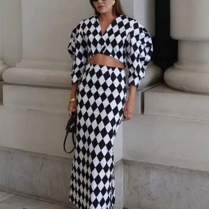 Elegant Crop Shirt With High Waist Long Skirt Loose Print Two Pieces Set