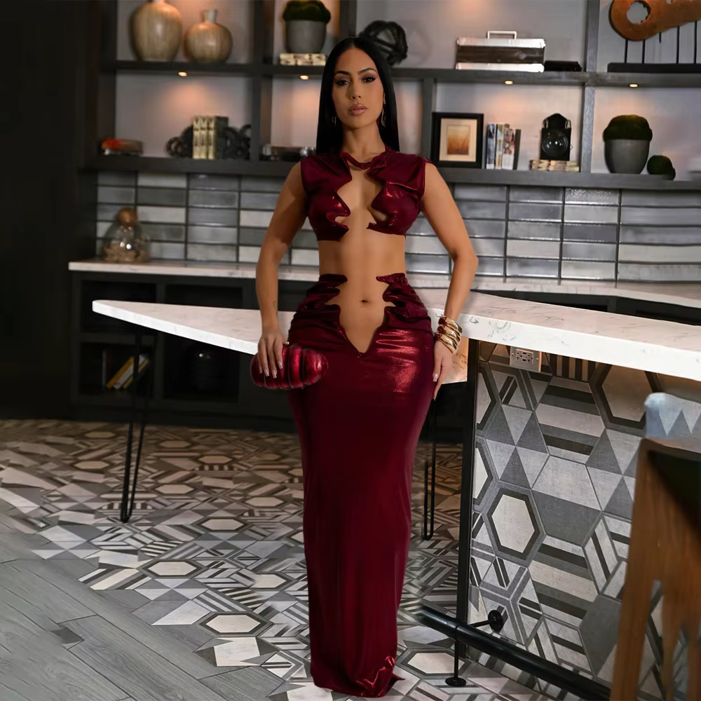 Elegant Crop Tank Tops And Long Skirts Irregular Cutout 2 Piece Sets