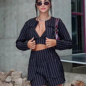 Elegant Crop Top Bra With High Waist Shorts Loose Stripe Print 3 Piece Sets