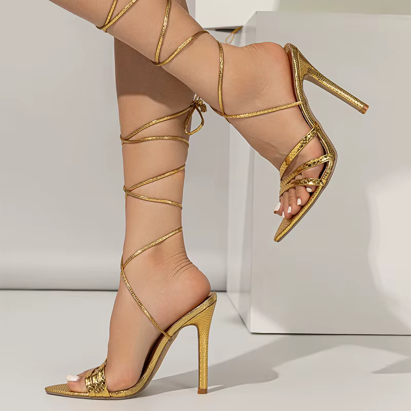 Elegant Cross tied Pointed Toe Lace up Prom Solid High Heels - Image 3