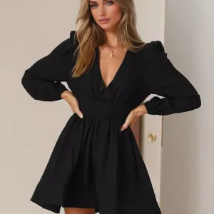 Elegant Lantern Long Sleeves Pleated Waist Flared Skater Mini Dress