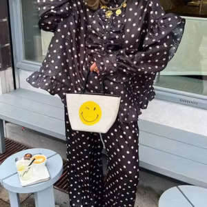 Elegant Dot Print Loose Satin Wide Leg Pants And Ruffles Buttons Shirt