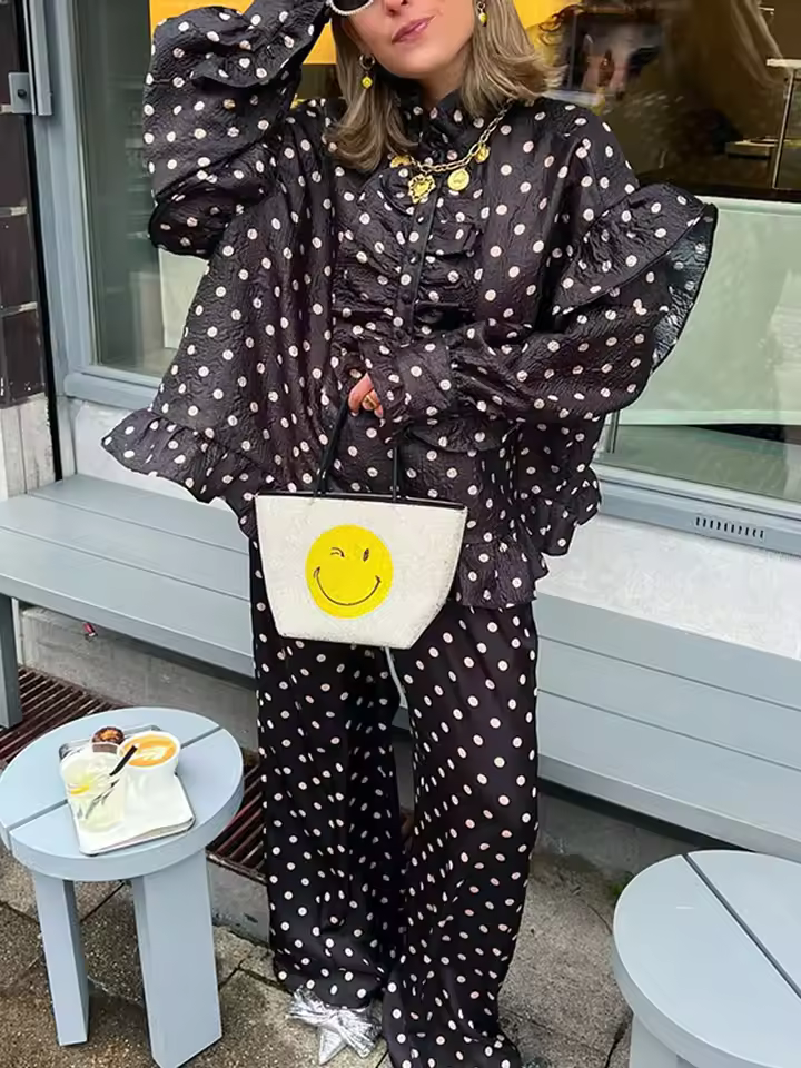 Elegant Dot Print Loose Satin Wide Leg Pants And Ruffles Buttons Shirt