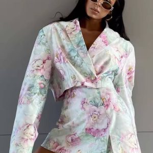 Elegant Double Breasted Crop Shirts And Side Slit Mini Skirts Print 2 Piece Set