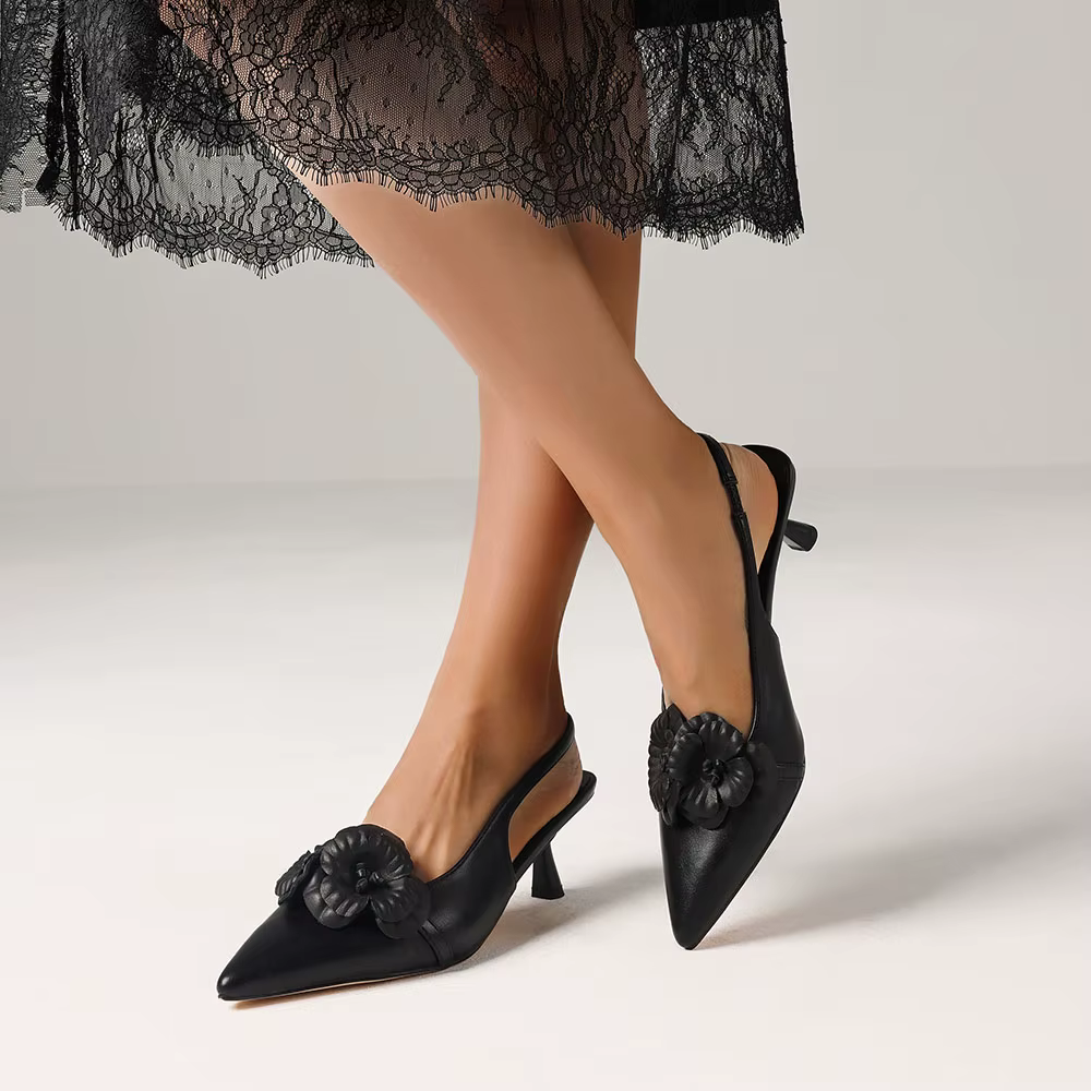 Elegant Flower Pointed Toe Elastic Band Pull-on Slingback All-Match Kitten Sandals - Image 8