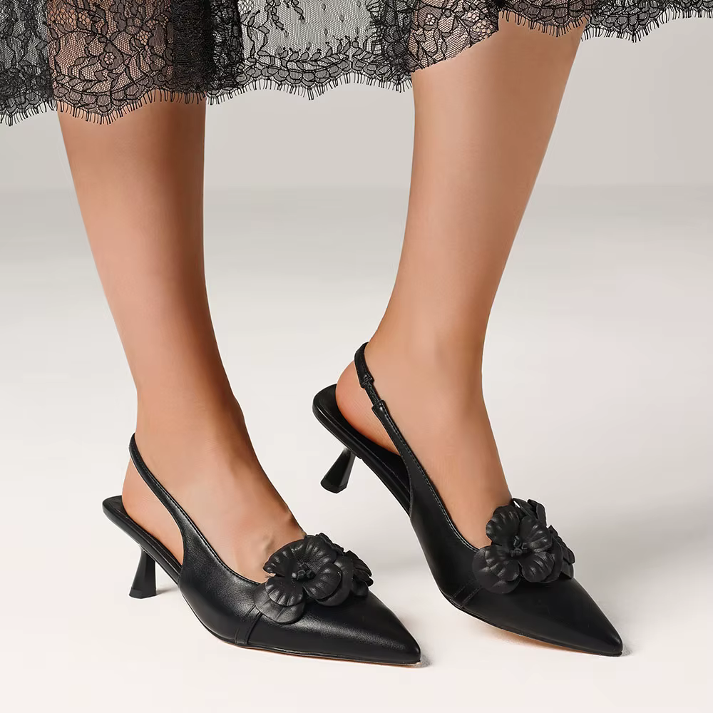 Elegant Flower Pointed Toe Elastic Band Pull-on Slingback All-Match Kitten Sandals - Image 7