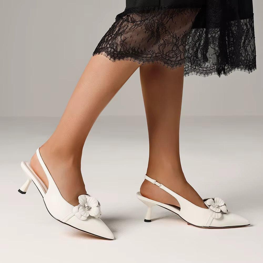 Elegant Flower Pointed Toe Elastic Band Pull-on Slingback All-Match Kitten Sandals - Image 3