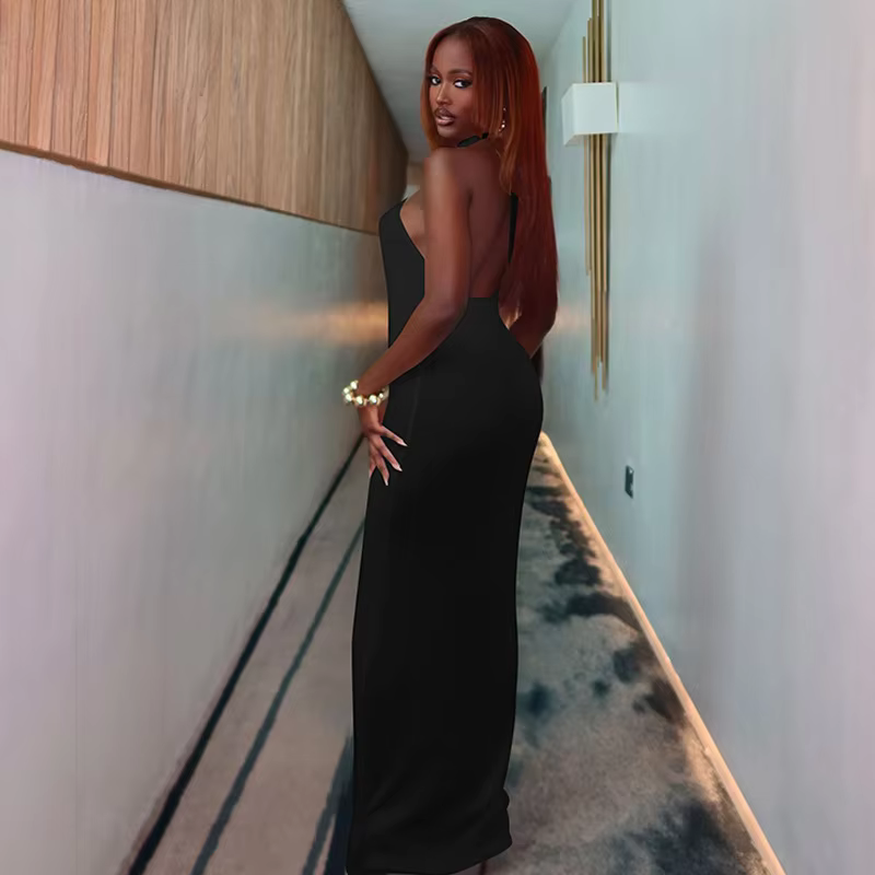 Elegant Halter Hollow Out Off-shoulder Backless Bodycon Maxi Dress - Image 3