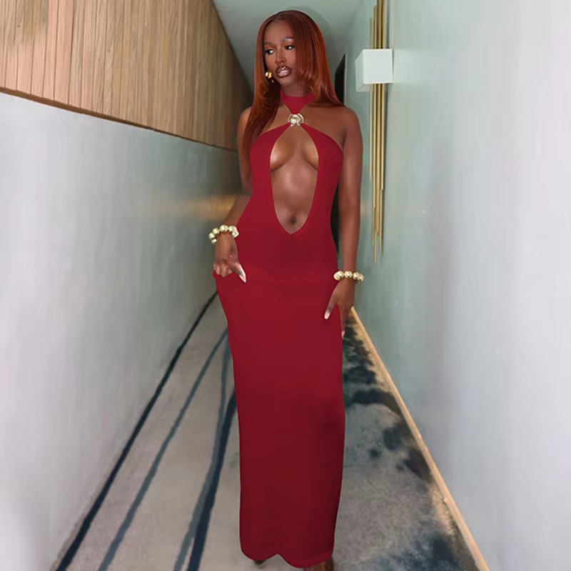 Elegant Halter Hollow Out Off-shoulder Backless Bodycon Maxi Dress - Image 15