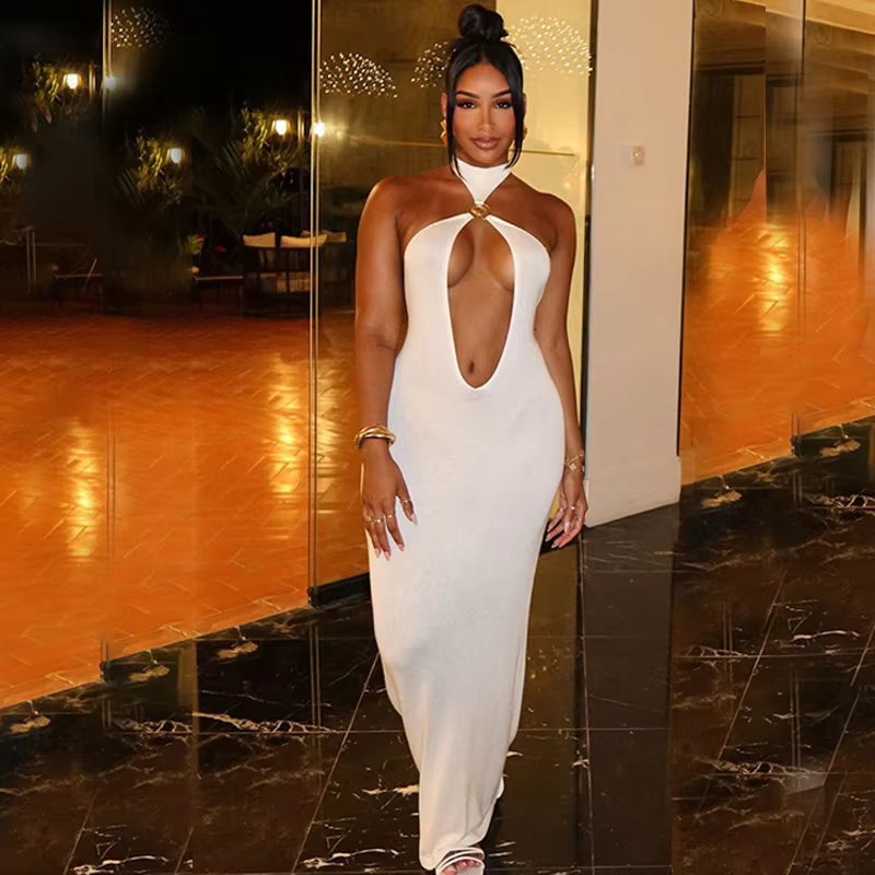 Elegant Halter Hollow Out Off-shoulder Backless Bodycon Maxi Dress - Image 7