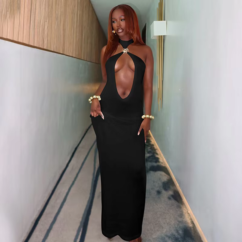 Elegant Halter Hollow Out Off-shoulder Backless Bodycon Maxi Dress - Image 4