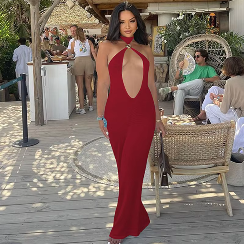 Elegant Halter Hollow Out Off-shoulder Backless Bodycon Maxi Dress - Image 16