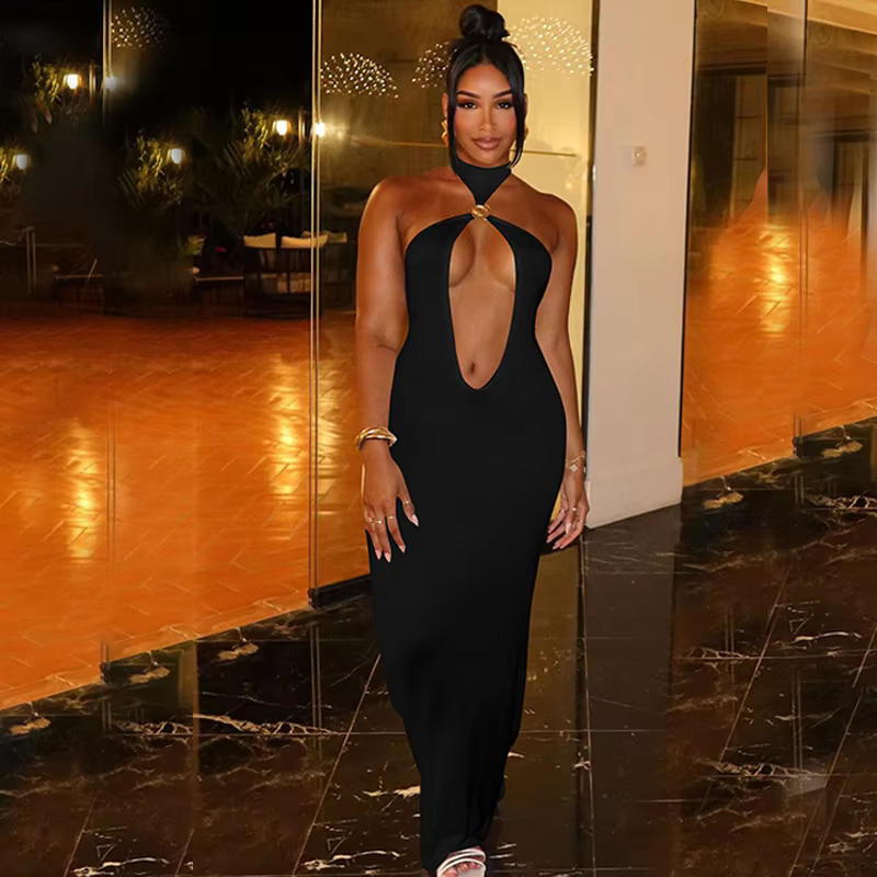 Elegant Halter Hollow Out Off-shoulder Backless Bodycon Maxi Dress