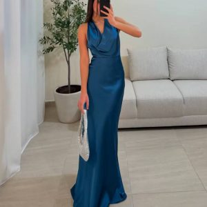 Elegant Halter Neck Satin Mermaid Sleeveless Floor-Length Maxi Dress